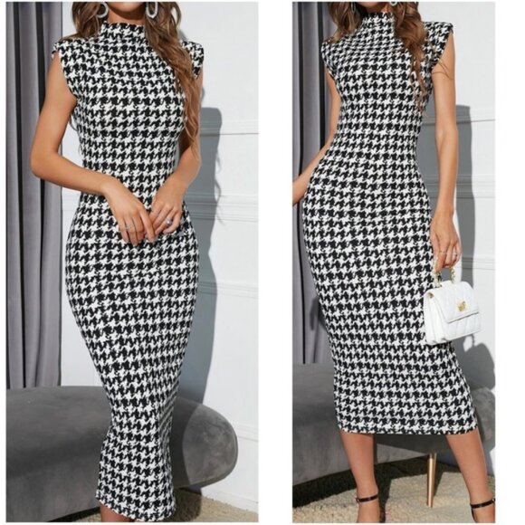 Classic Houndstooth Print Sleeveless Fitted Dress - Picture 1 of 1